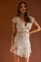 New Dawn Frill Shoulder Mini Dress Floral Mocha