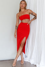 Nohemi Strapless Diamante Midi Dress Red