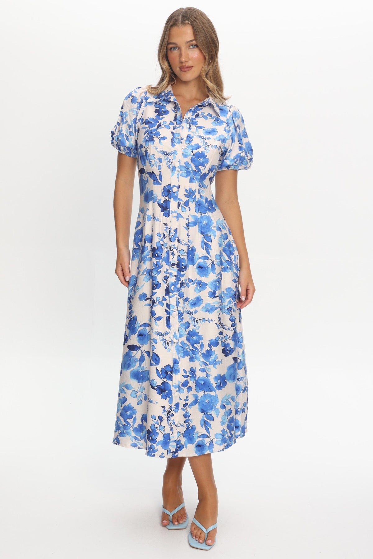Kyrah Puff Sleeve Midi Dress Floral White Main image