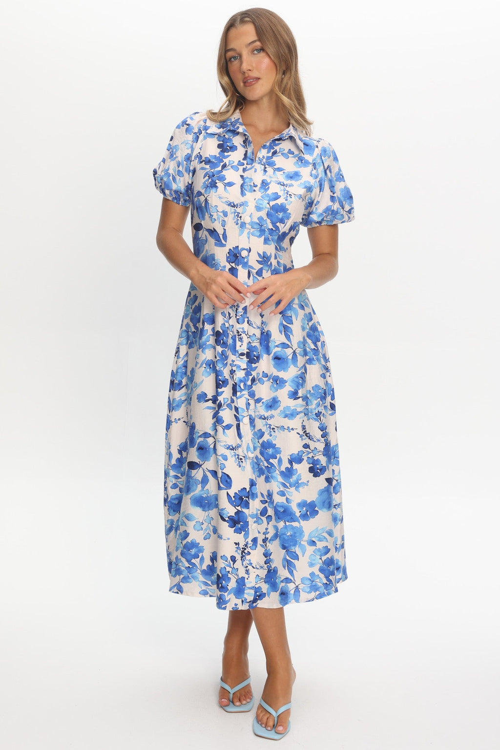 Kyrah Puff Sleeve Midi Dress Floral White