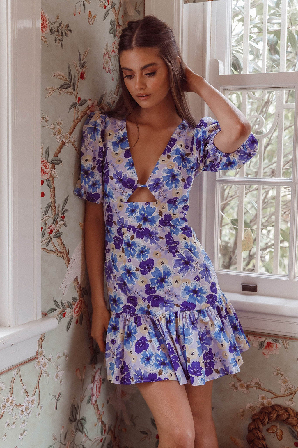 Jemilia Cut-Out Bust Flounce Mini Dress Floral Blue
