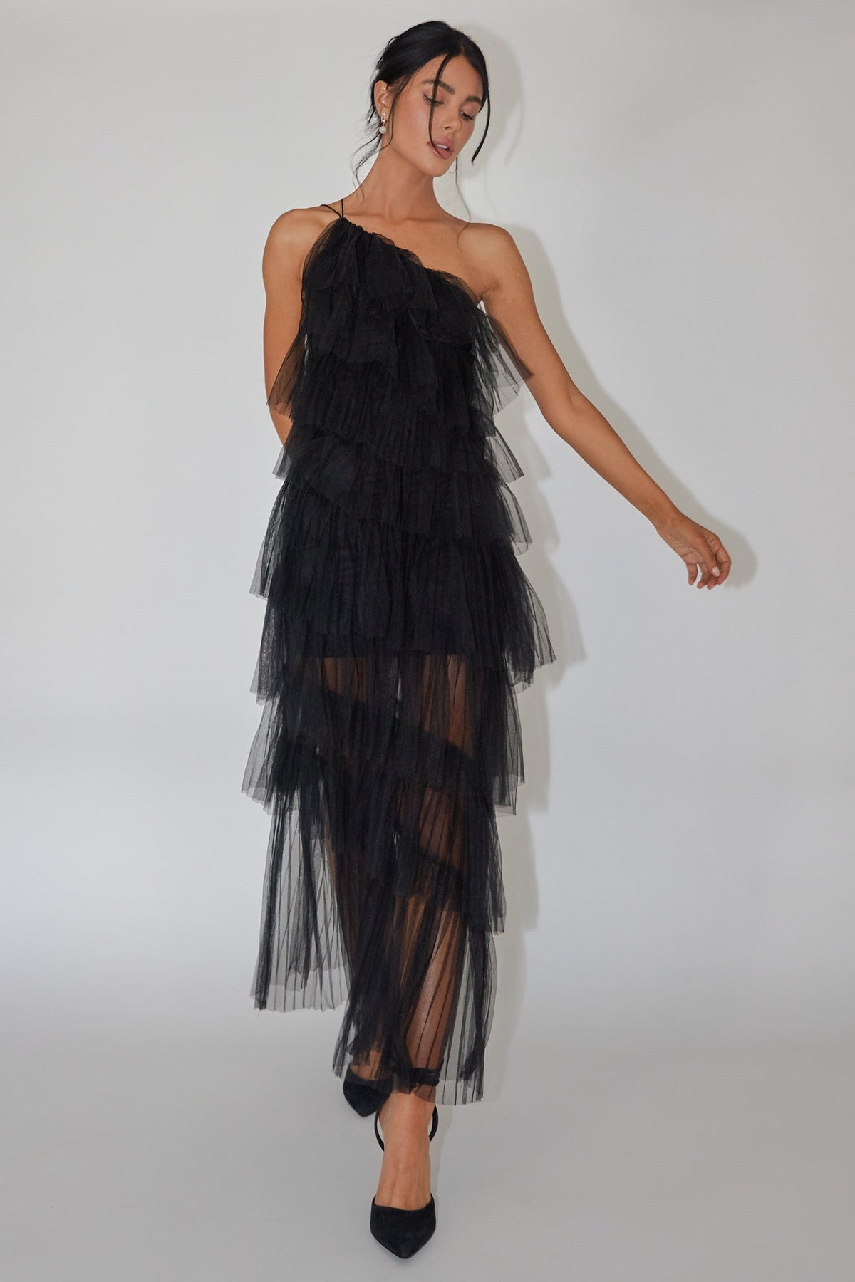 Arrabel Tiered Ruffle Tulle Maxi Dress Black Main image