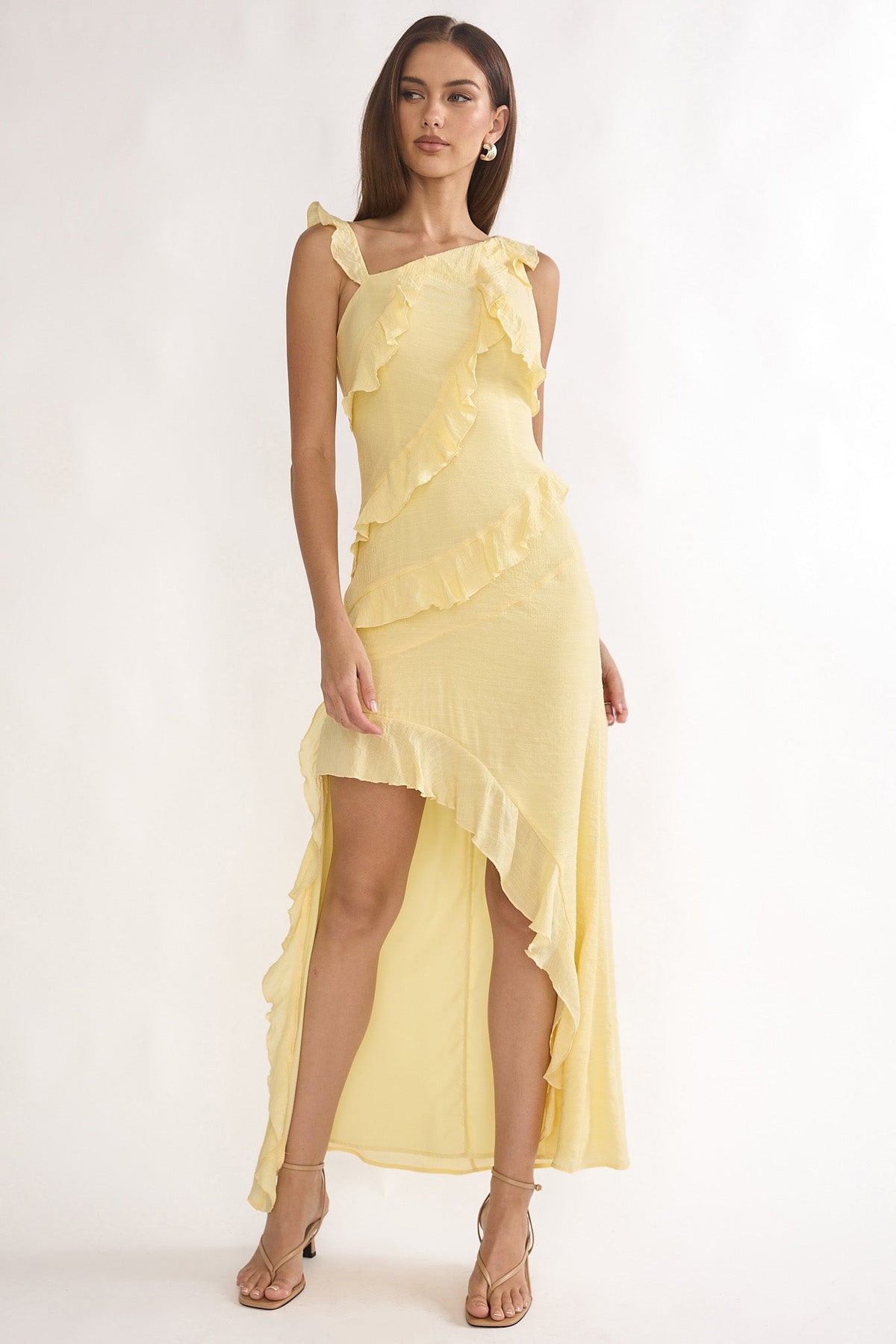 Arrabel Asymmetric Hem Ruffle Maxi Dress Lemon Main image