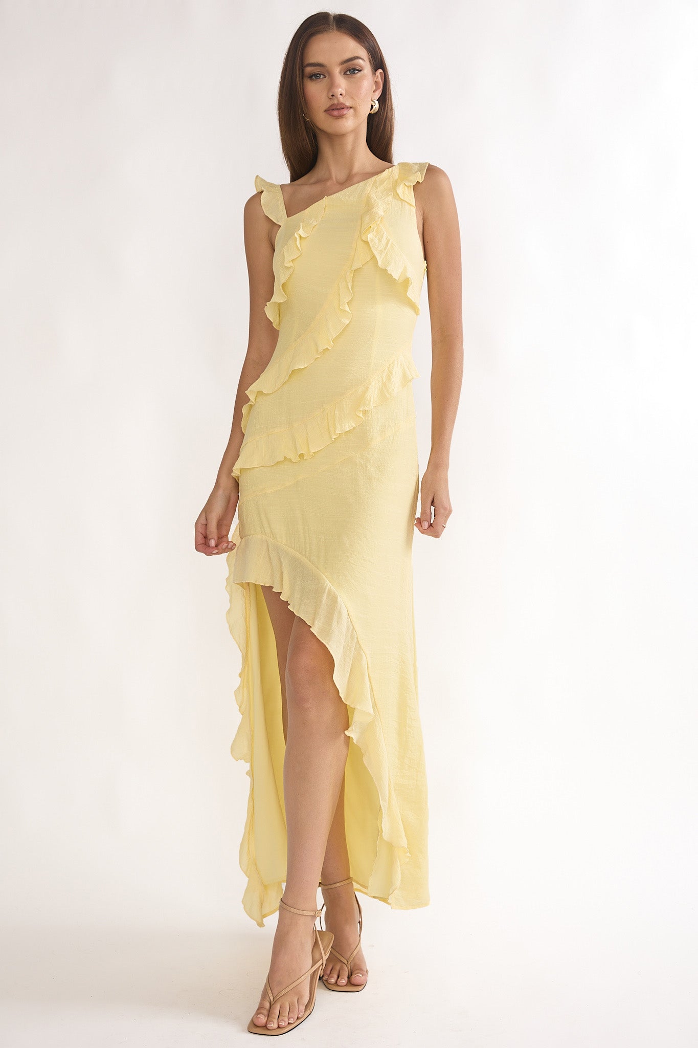 Arrabel Asymmetric Hem Ruffle Maxi Dress Lemon Secondary image