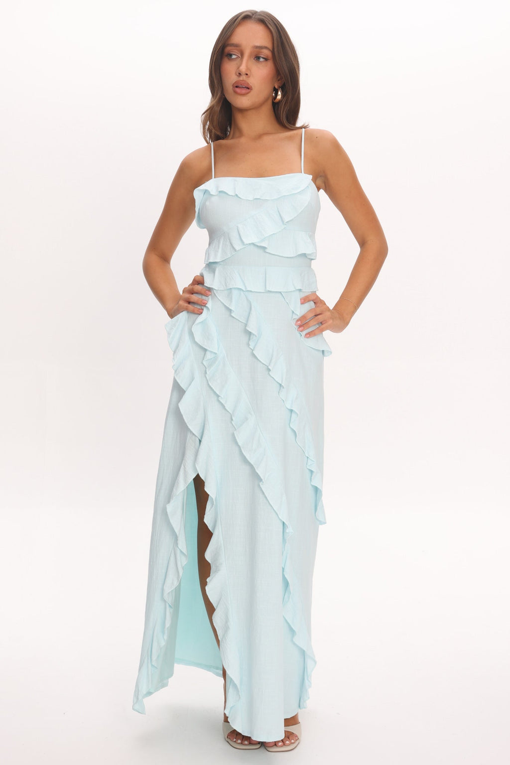Arrabel Ruffle Split Maxi Dress Blue