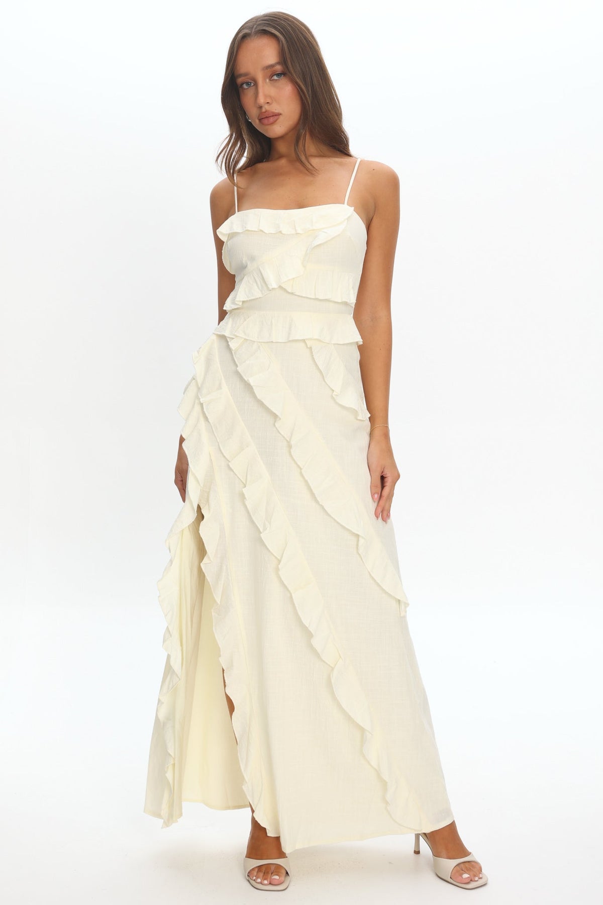 Arrabel Ruffle Split Maxi Dress Ivory