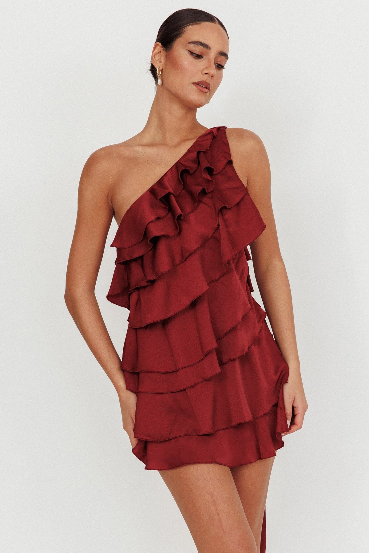 Arrabel Tiered Ruffle One Shoulder Mini Dress Wine Main image