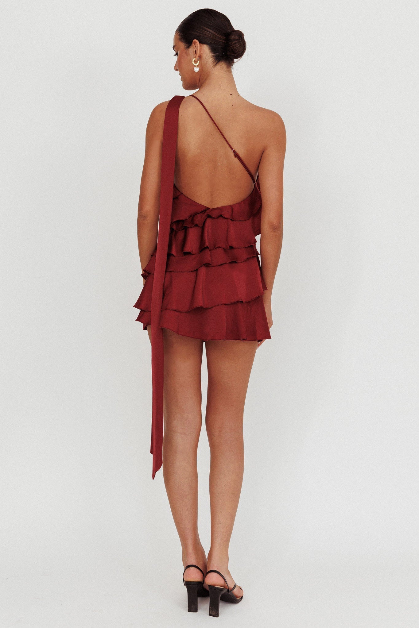 Arrabel Tiered Ruffle One Shoulder Mini Dress Wine Secondary image
