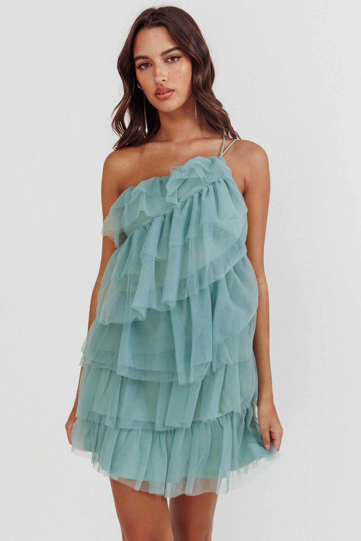 Arrabel Tiered Ruffle Mesh Mini Dress Sage Main image