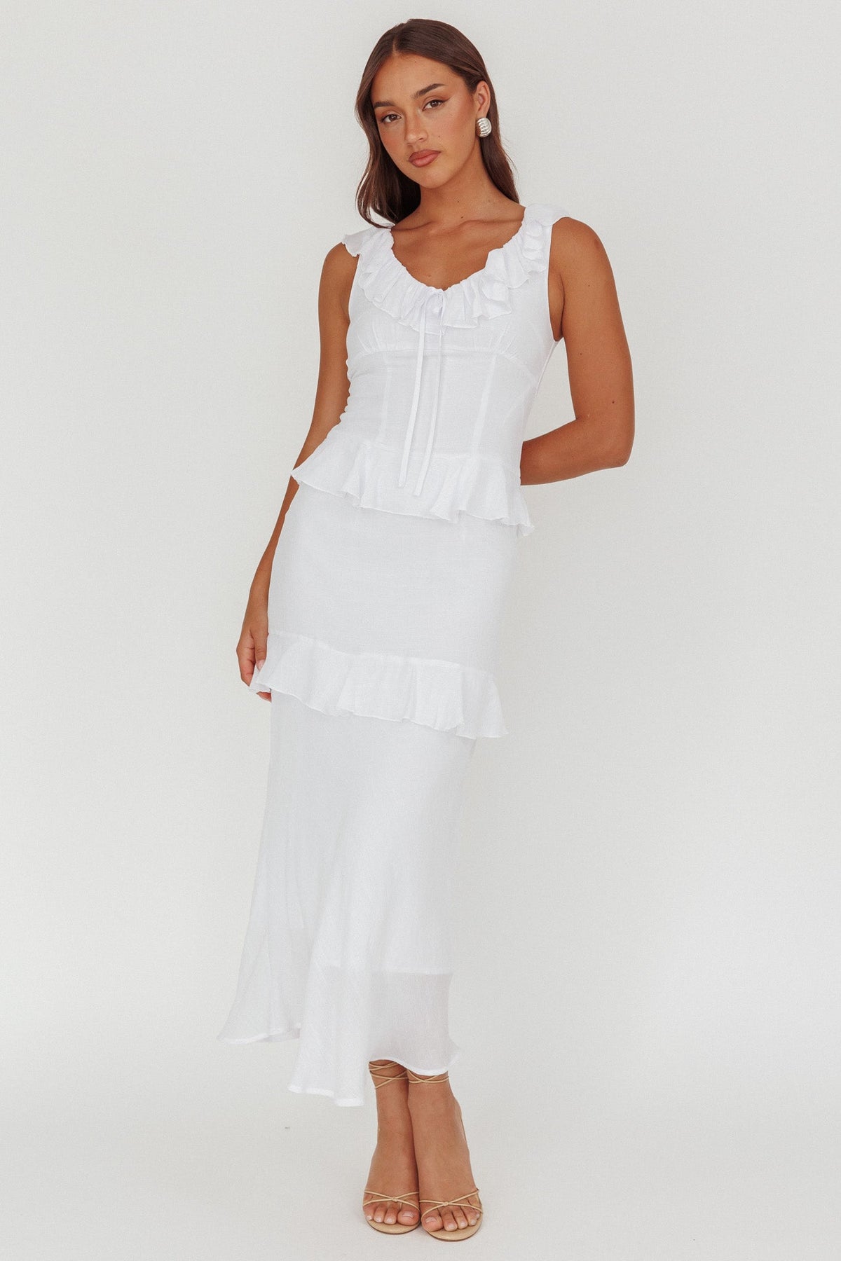 Arrabel Ruffle Trim Bust Tie Maxi Dress White Main image