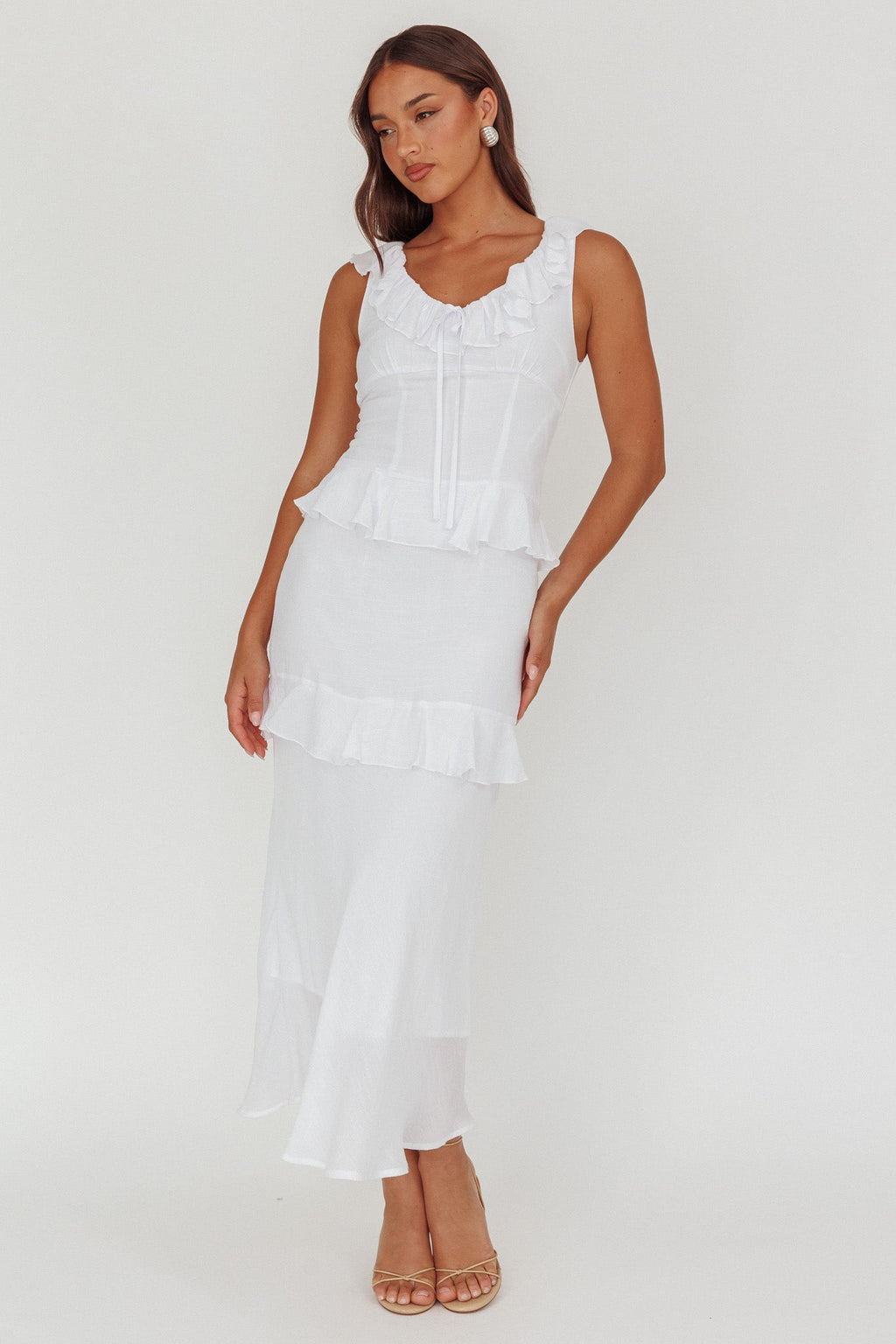 Arrabel Ruffle Trim Bust Tie Maxi Dress White