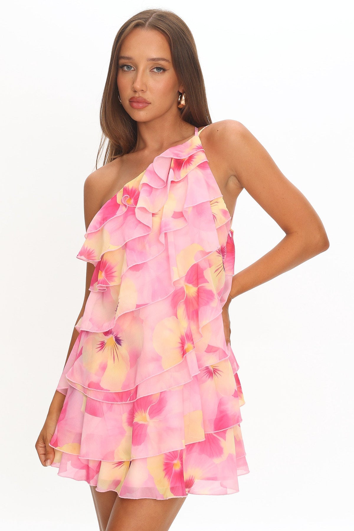 Arrabel Ruffle Trim One-Shoulder Mini Dress Floral Pink Main image