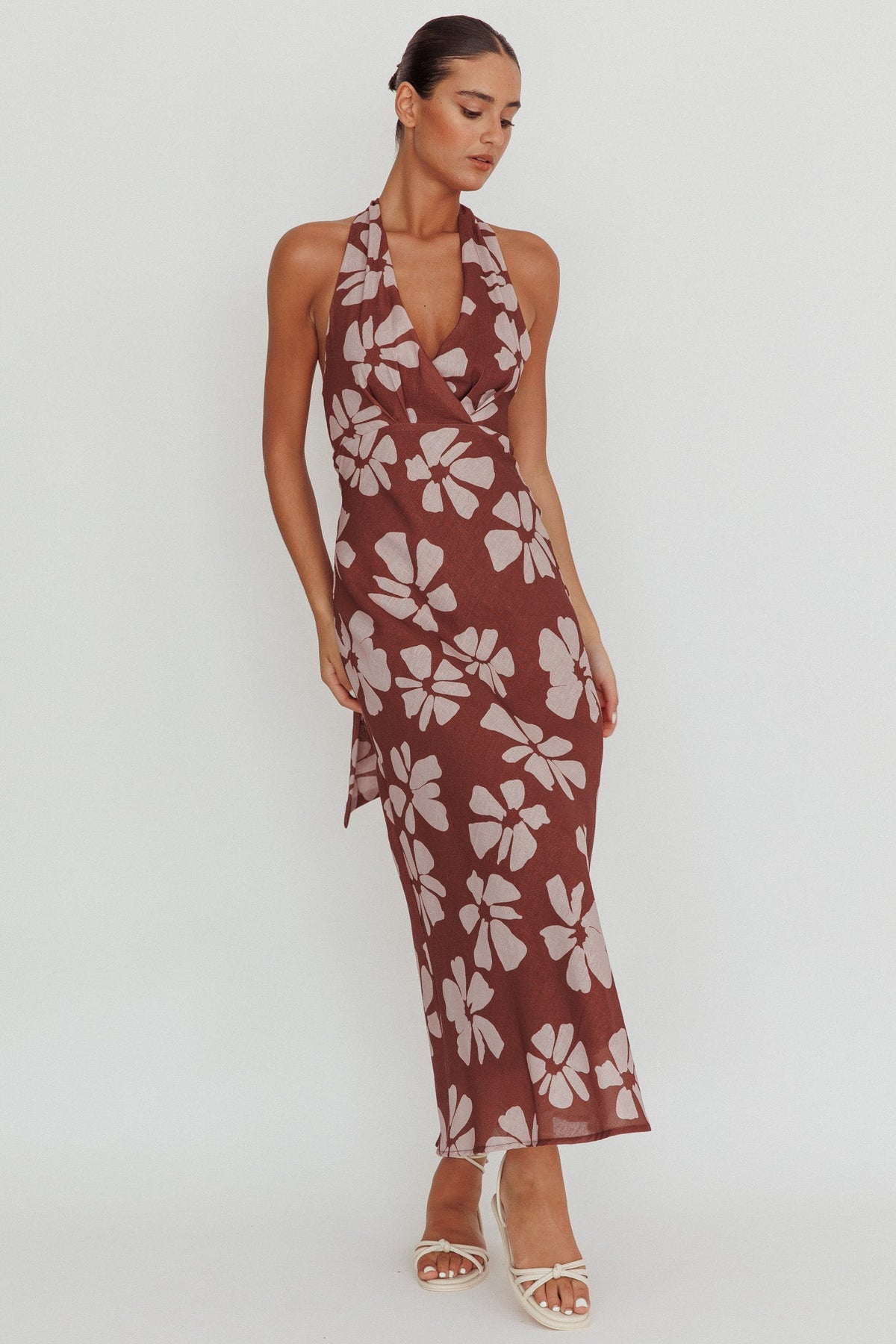 Italia Azure Halterneck Floral Maxi Dress Brown Main image