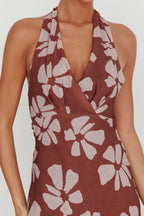 Italia Azure Halterneck Floral Maxi Dress Brown