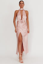 Italia Azure Halterneck Rosette Maxi Dress Blush