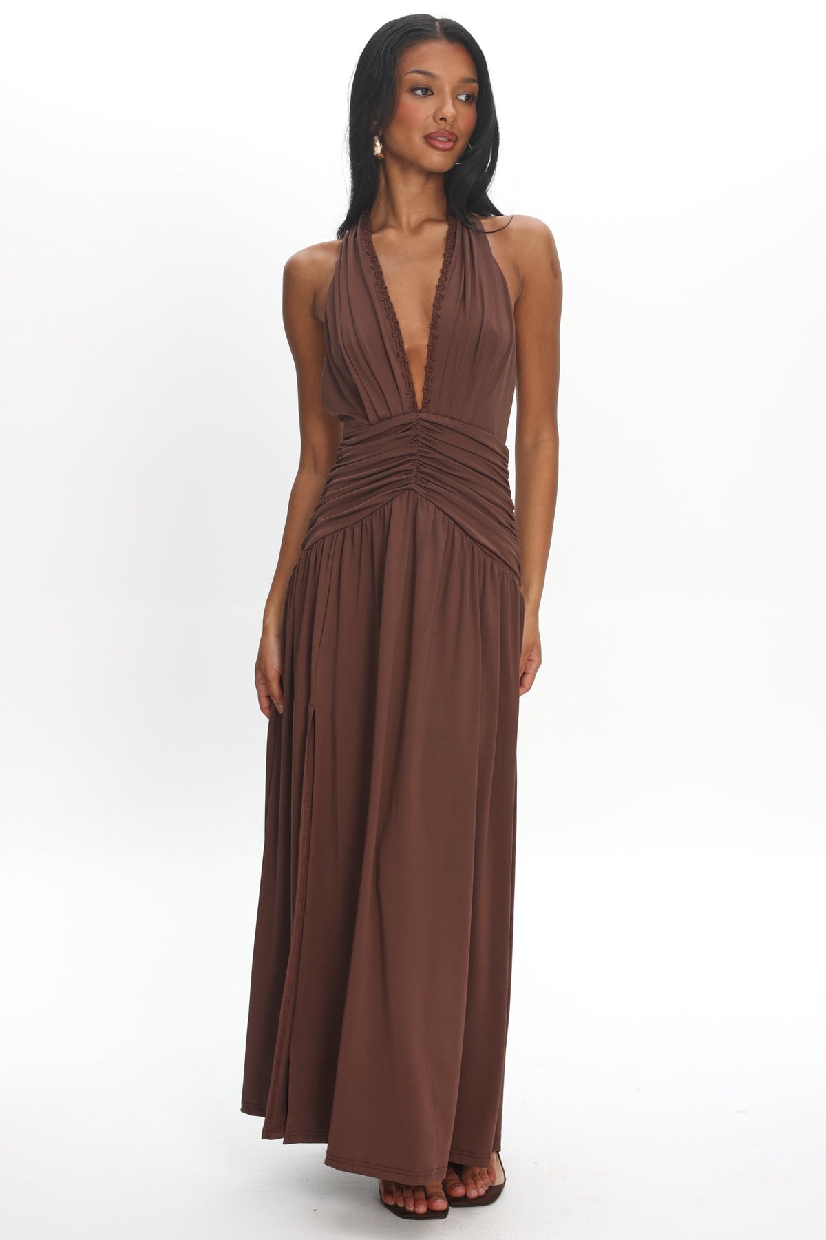 Tanya Halterneck Ruched Maxi Dress Chocolate Main image
