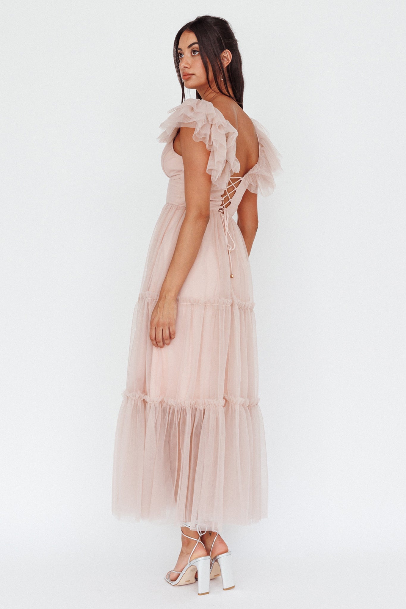Amal Ruffle Shoulder Tulle Midi Dress Nude Secondary image