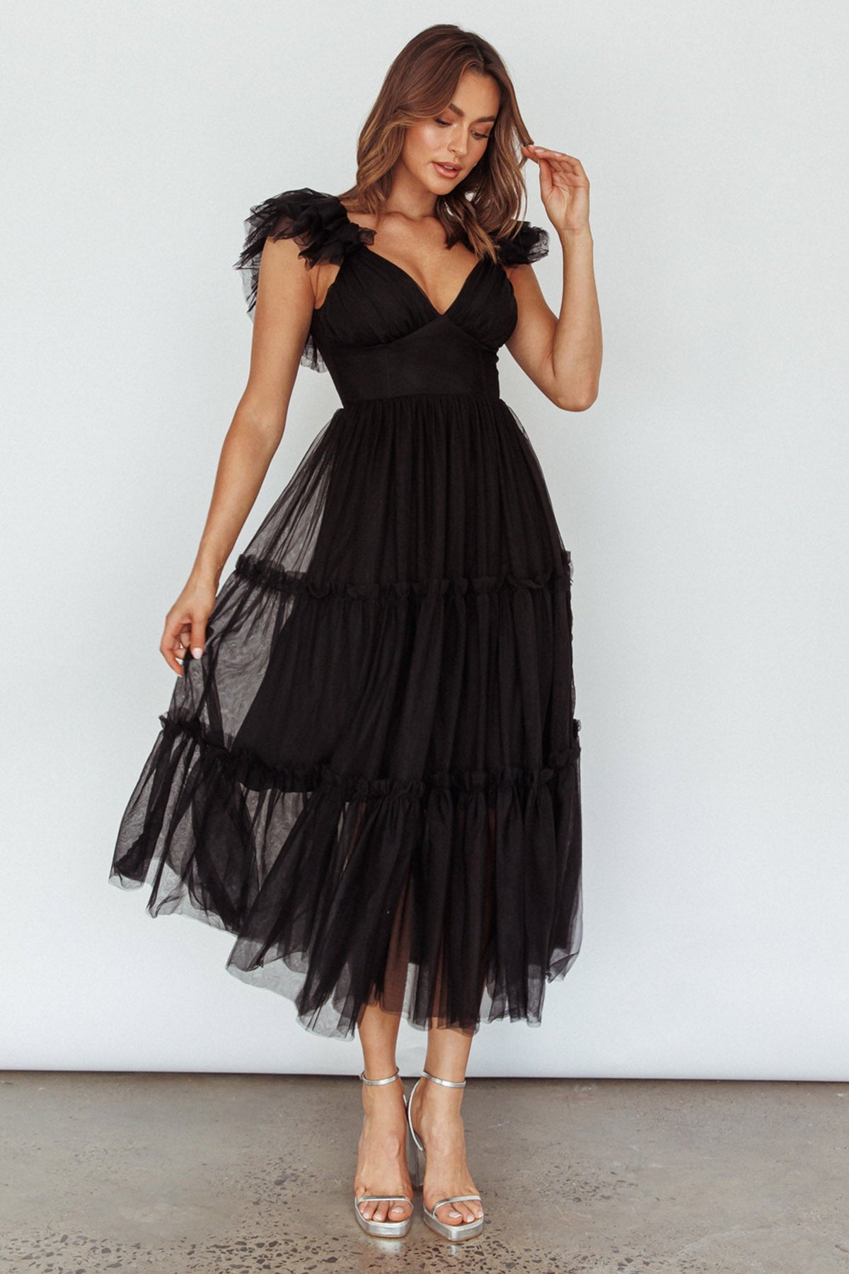 Amal Ruffle Shoulder Tulle Midi Dress Black Main image