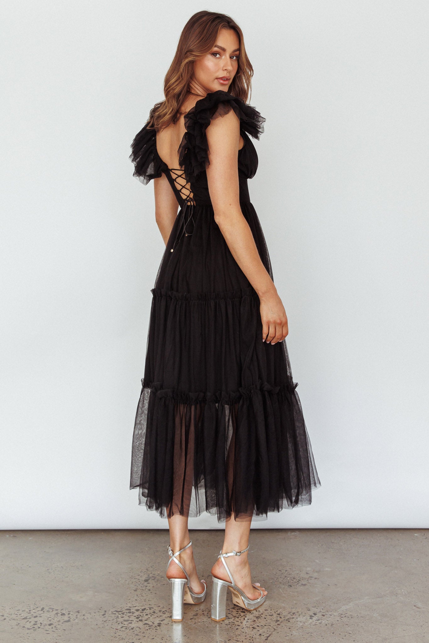 Amal Ruffle Shoulder Tulle Midi Dress Black Secondary image