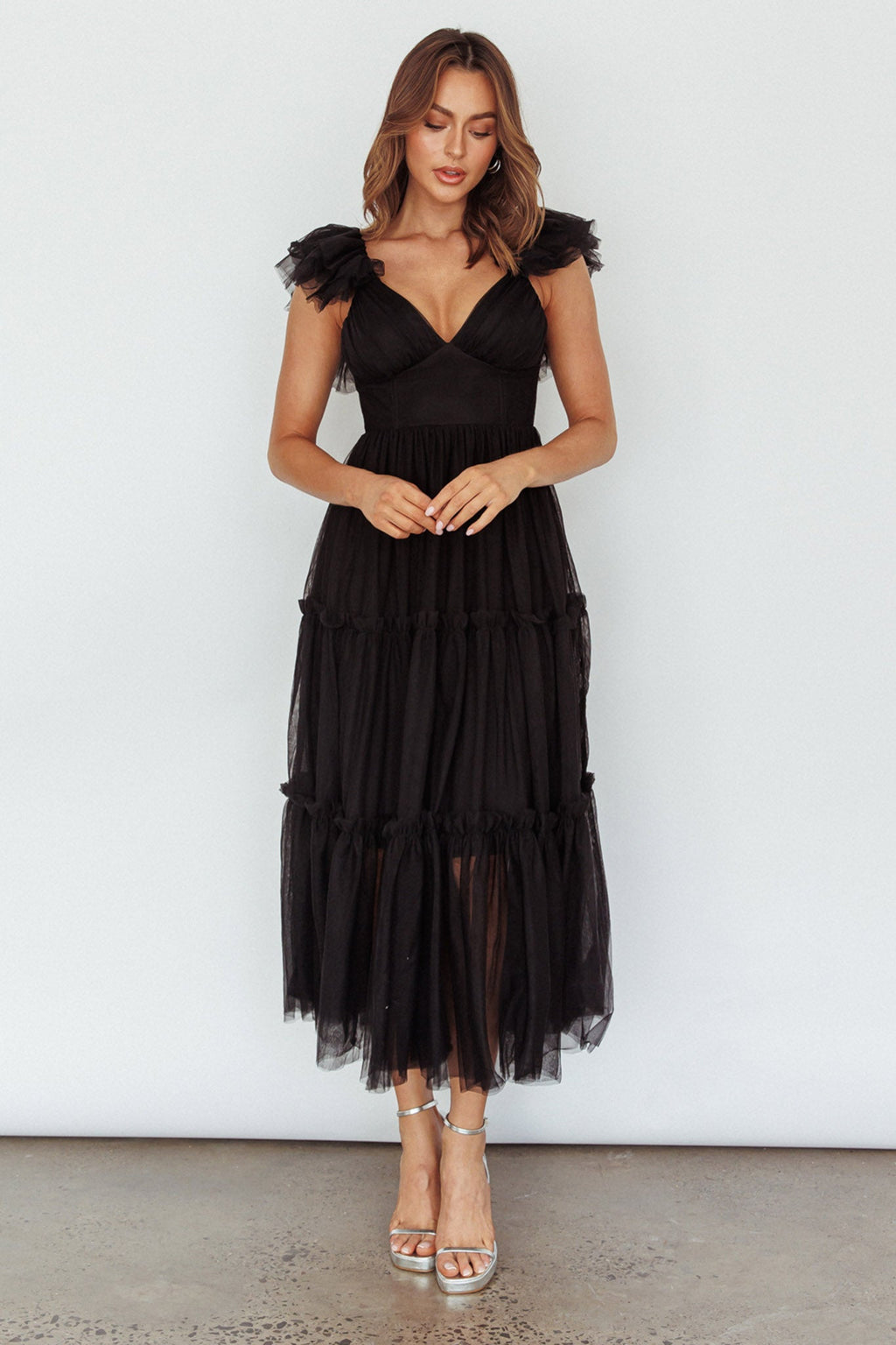 Amal Ruffle Shoulder Tulle Midi Dress Black
