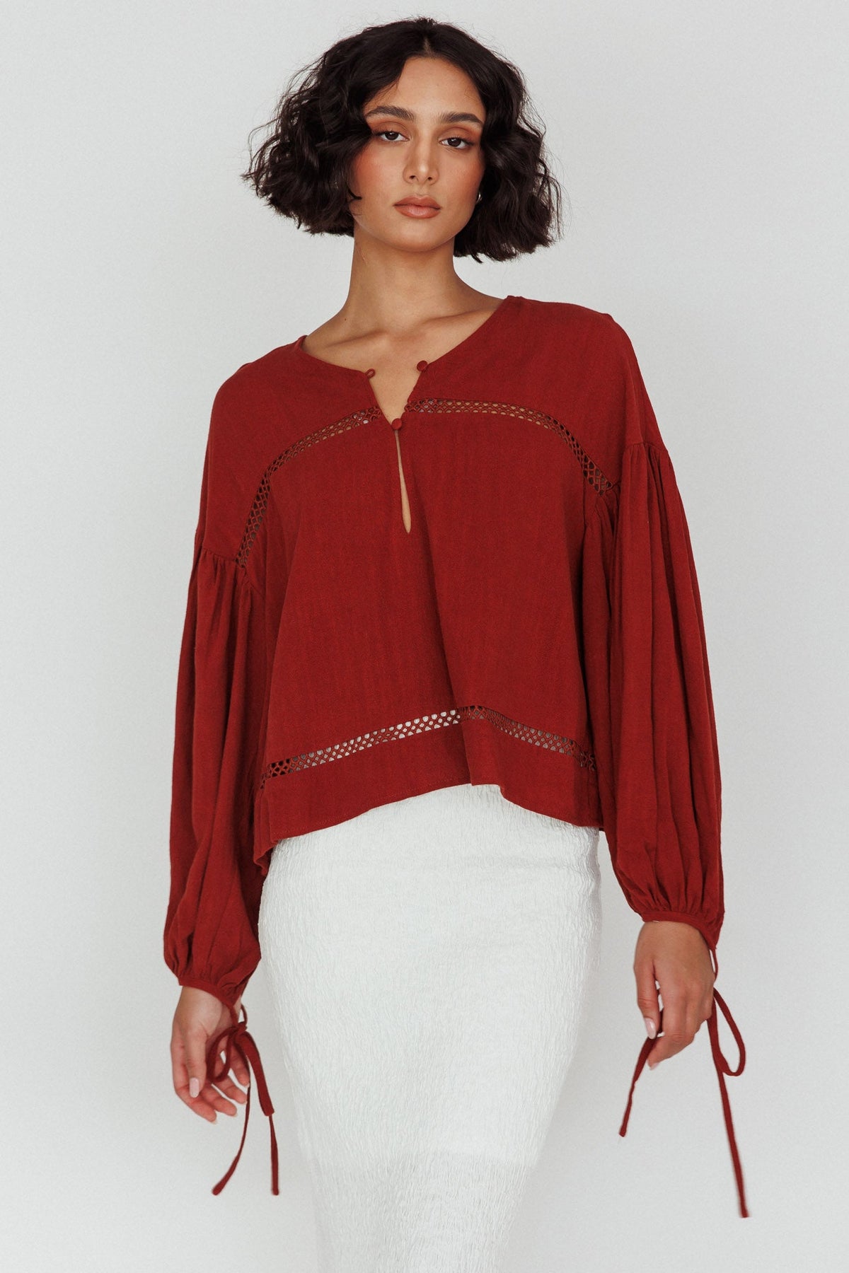 Waltz Long Sleeve Embroidery Trim Top Tobacco Main image