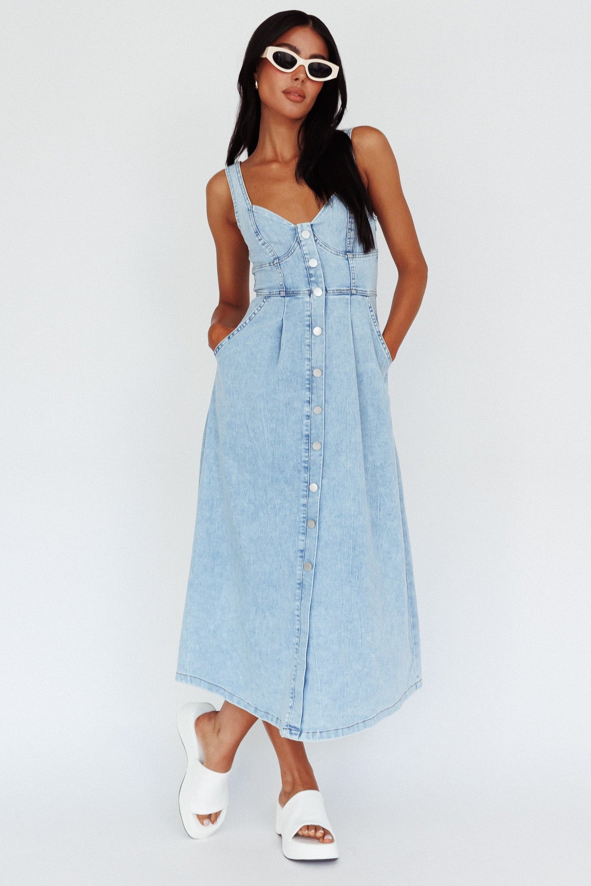 Pixie Dust Button Front Midi Dress Denim Blue Main image