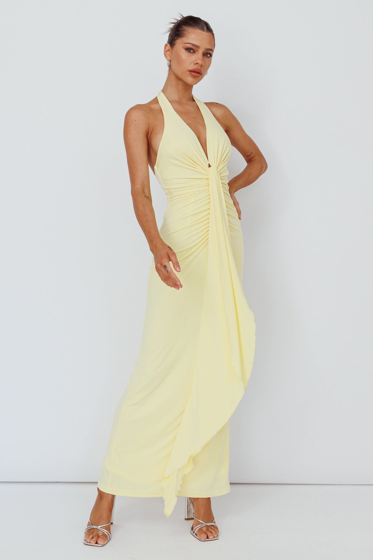 Ray Of Light Ruched Halterneck Maxi Dress Lemon