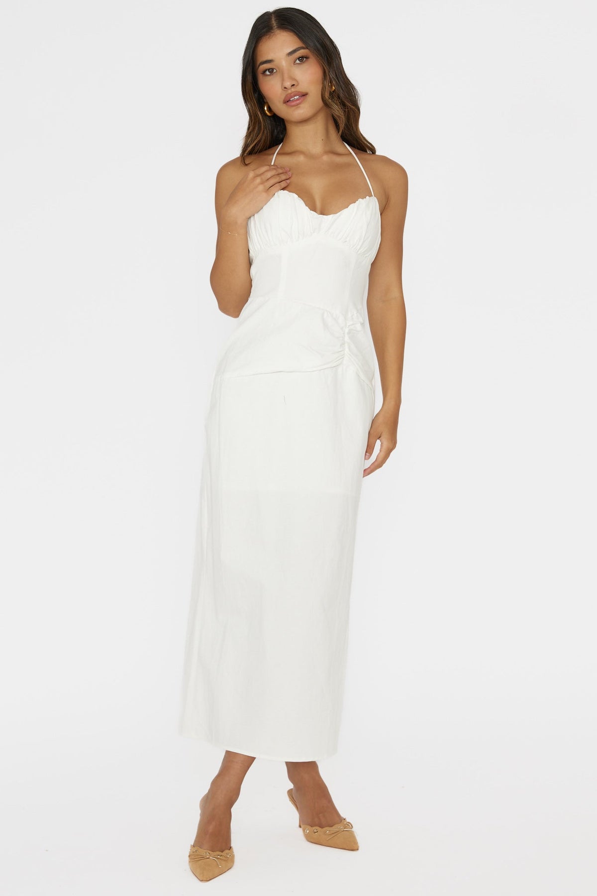 Arielle Gathered Bust Halterneck Midi Dress White Main image