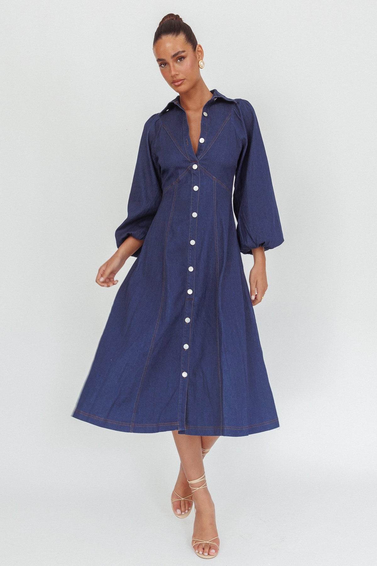 Ania Long Balloon Style Midi Dress Dark Denim Main image
