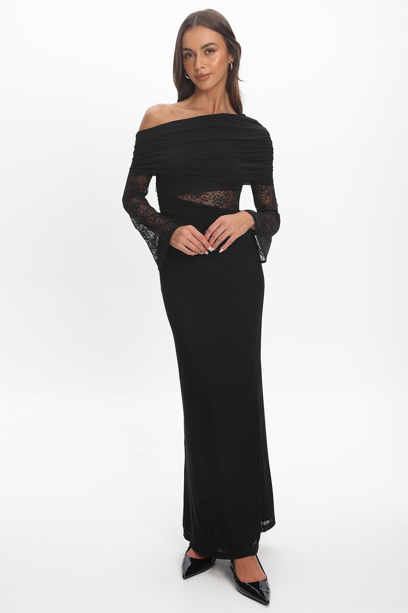 Alivya Asymmetric Neckline Lace Trim Maxi Dress Black Secondary image