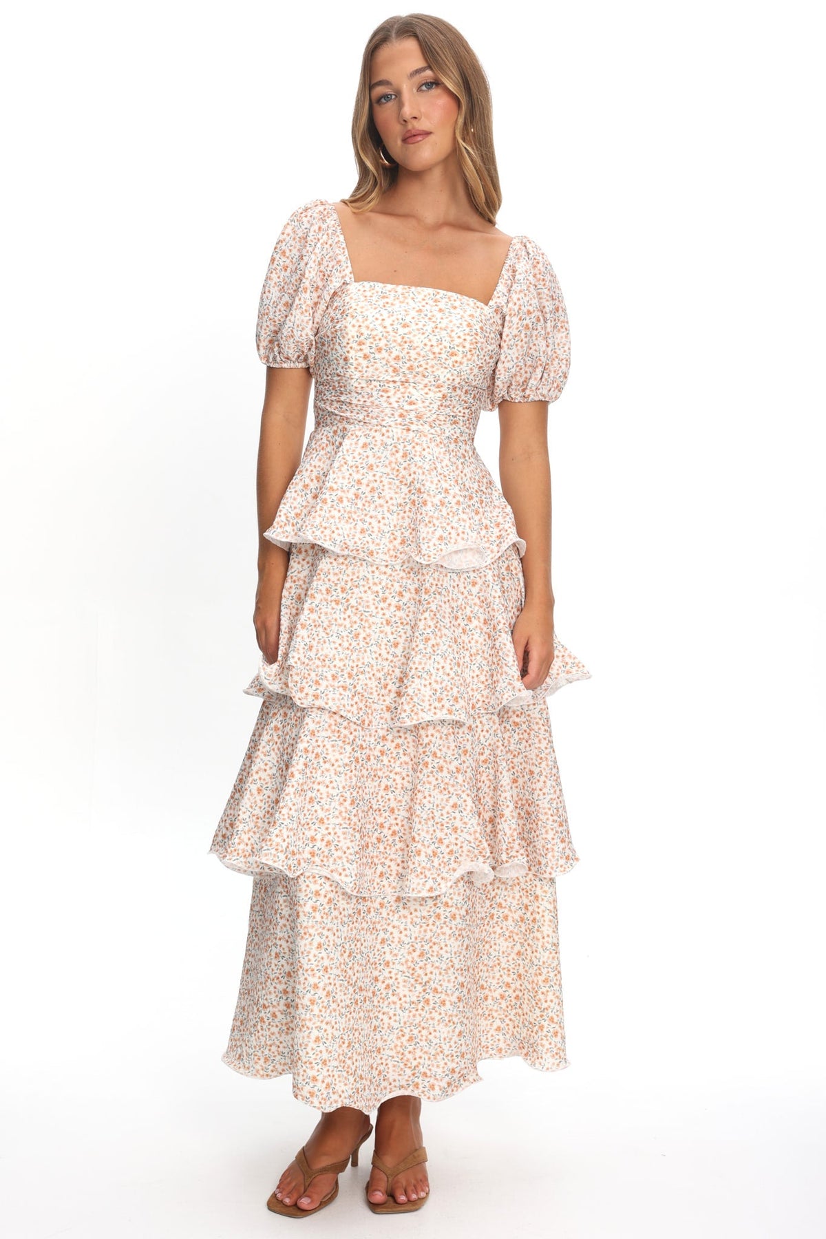 Giavana Puff Sleeve Layered Maxi Dress Orange