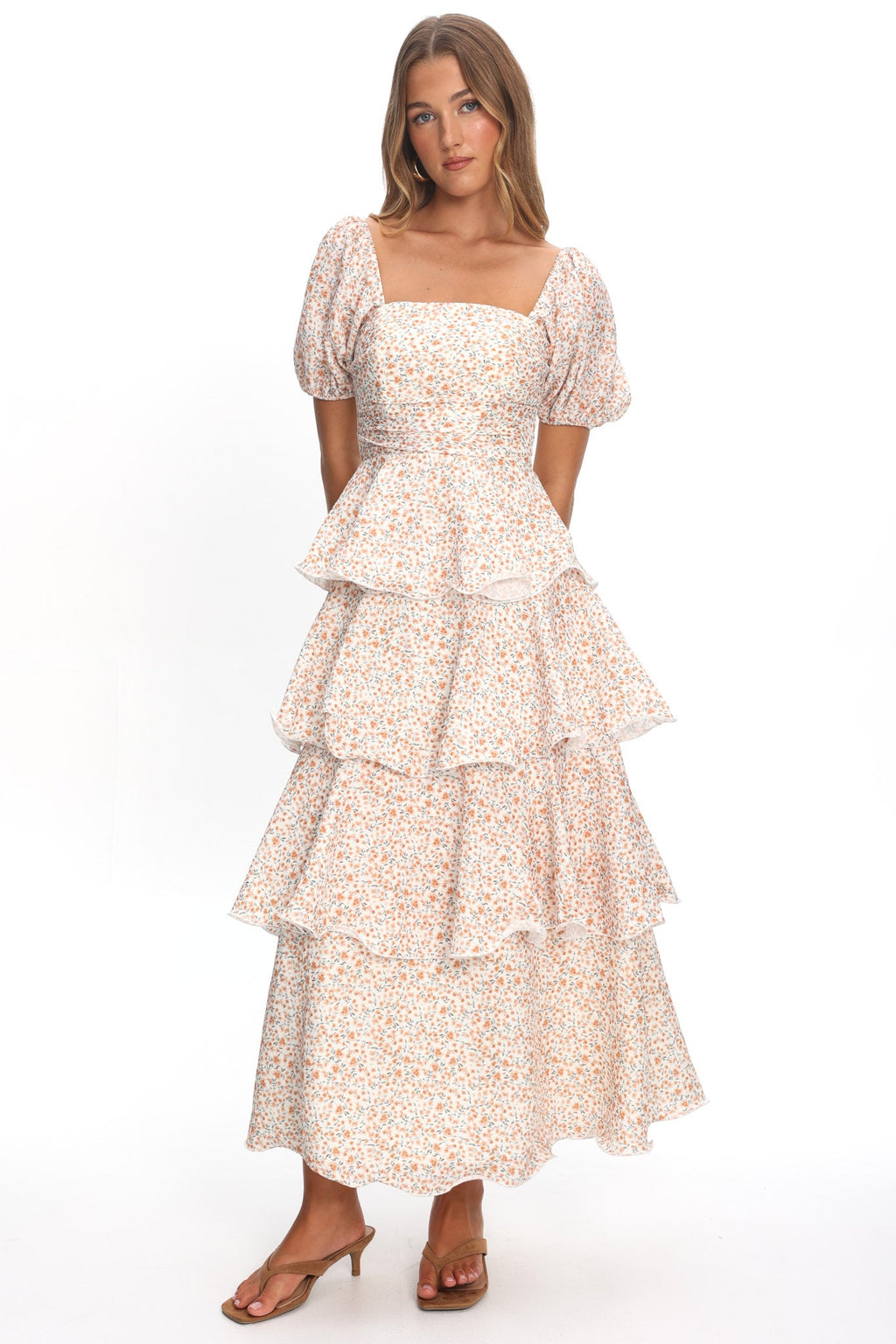 Giavana Puff Sleeve Layered Maxi Dress Orange