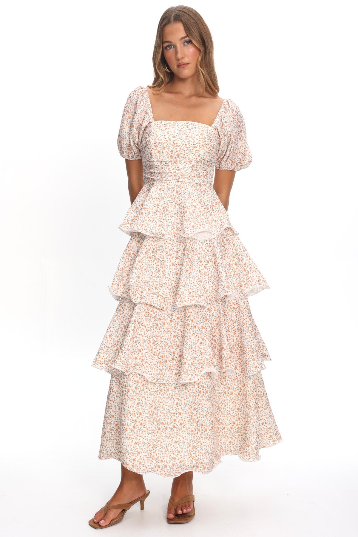 Giavana Puff Sleeve Layered Maxi Dress Orange