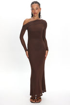 Milos Asymmetric Neckline Long Sleeve Maxi Dress Chocolate
