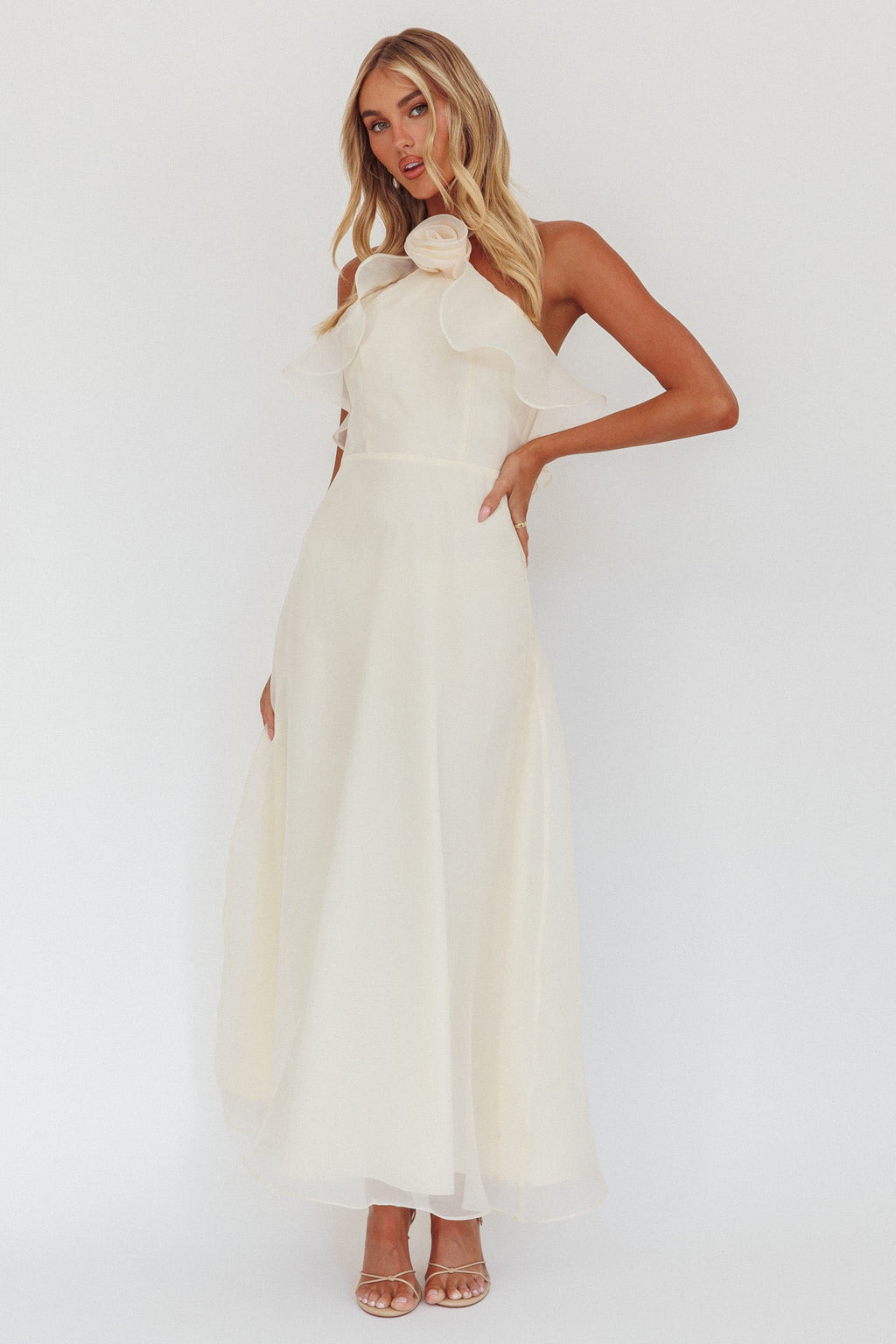 Cordially Invited Ruffle Neckline Rosette Maxi Vanilla