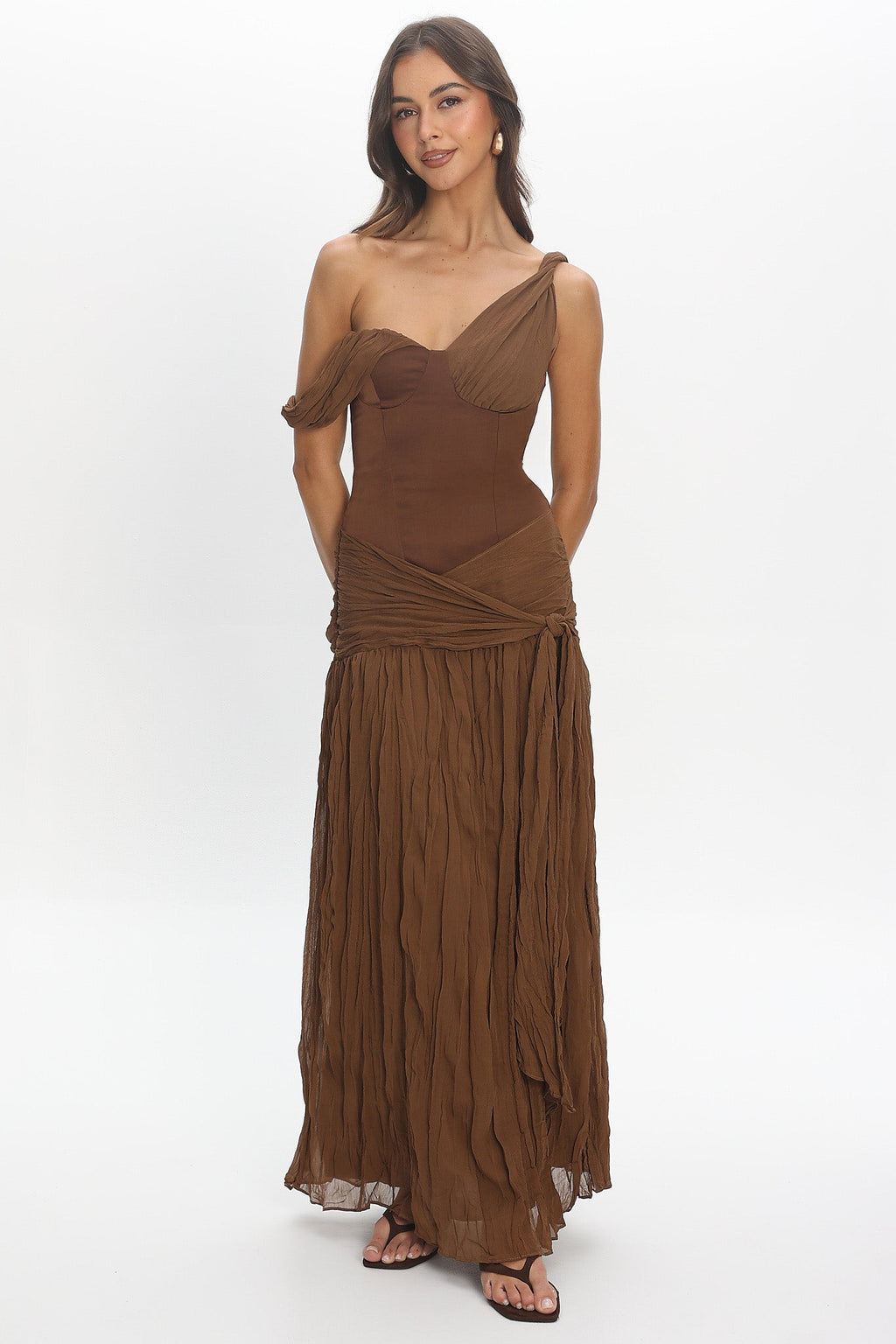 Keia Crepe Chiffon One-Shoulder Maxi Dress Chocolate
