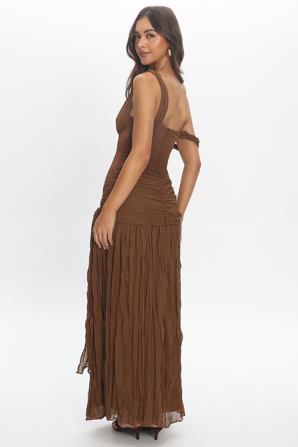 Keia Crepe Chiffon One-Shoulder Maxi Dress Chocolate