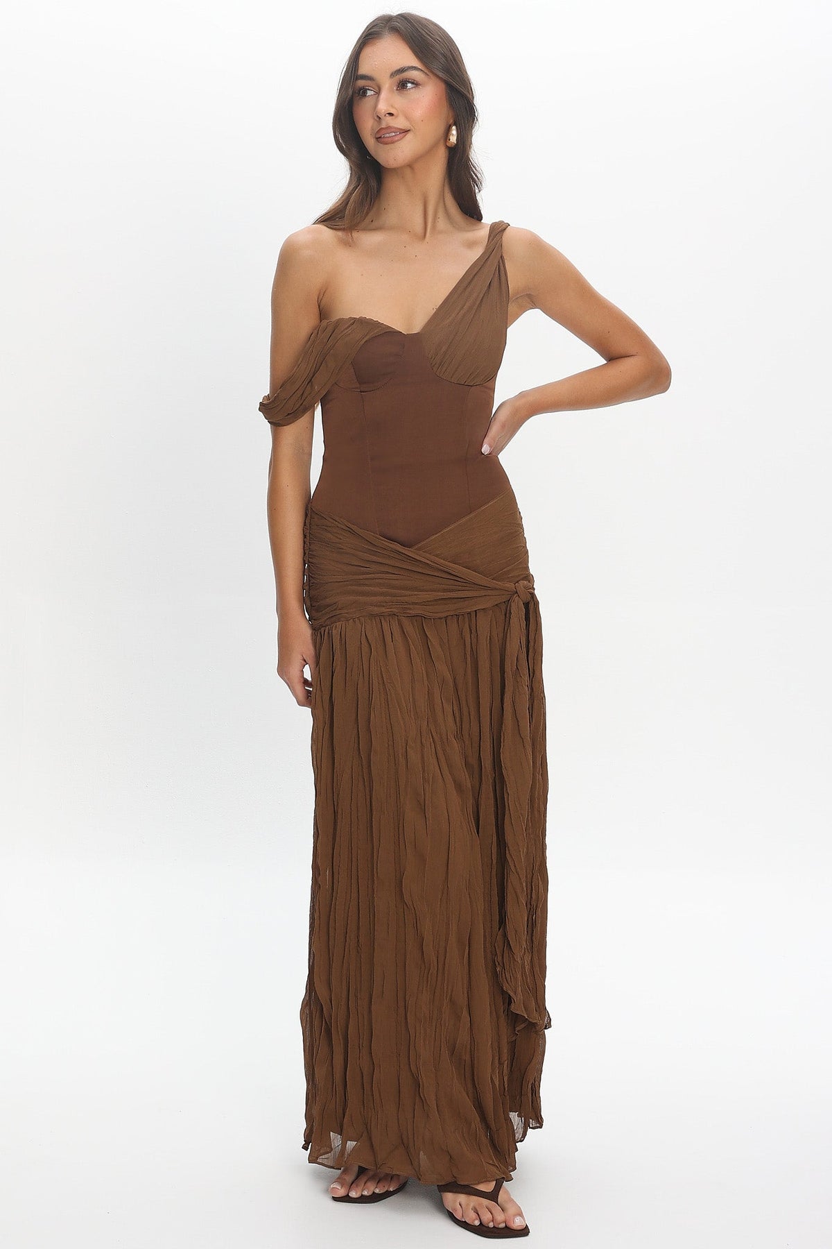 Keia Crepe Chiffon One-Shoulder Maxi Dress Chocolate