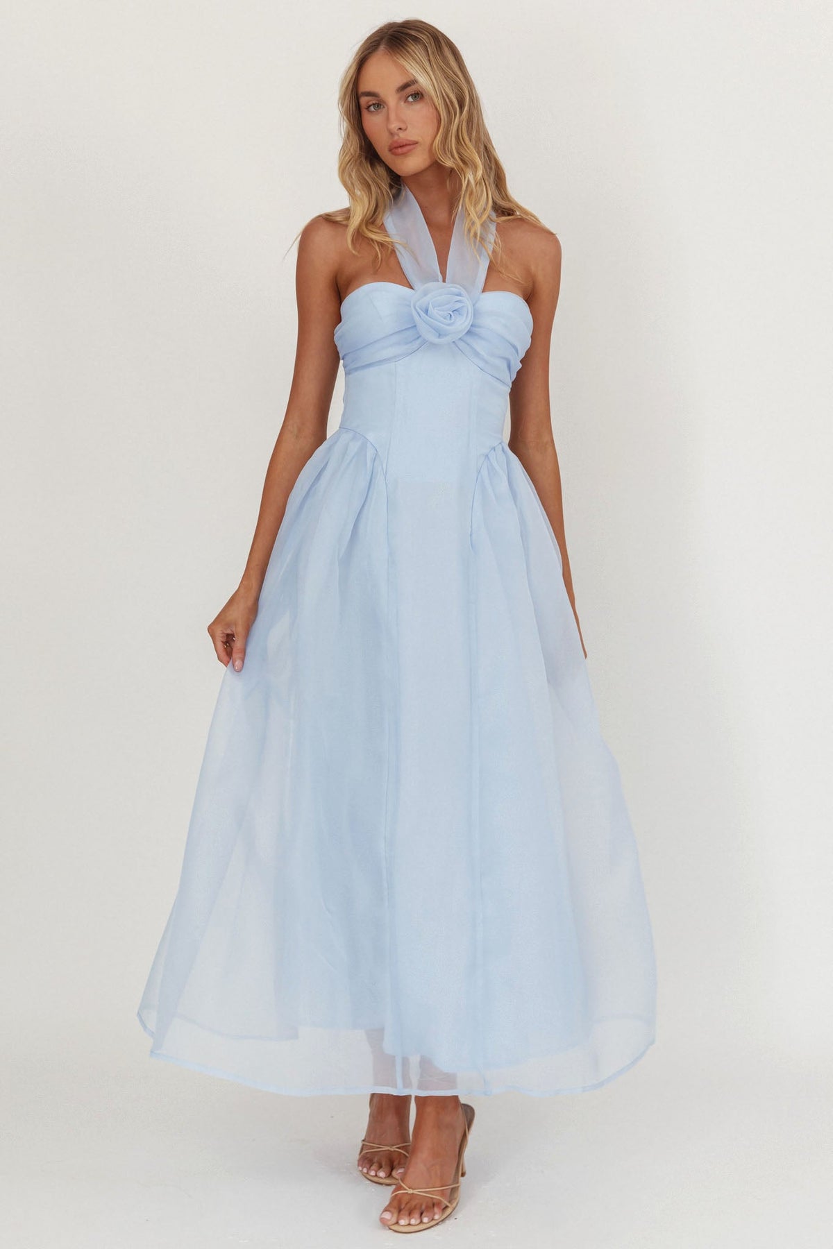 Elvera Rose Bust Halter Midi Dress Blue