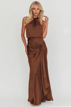 Linette Halterneck Draped Sash Maxi Dress Chocolate