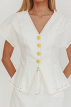 Over It Short Sleeve Button Top Cream