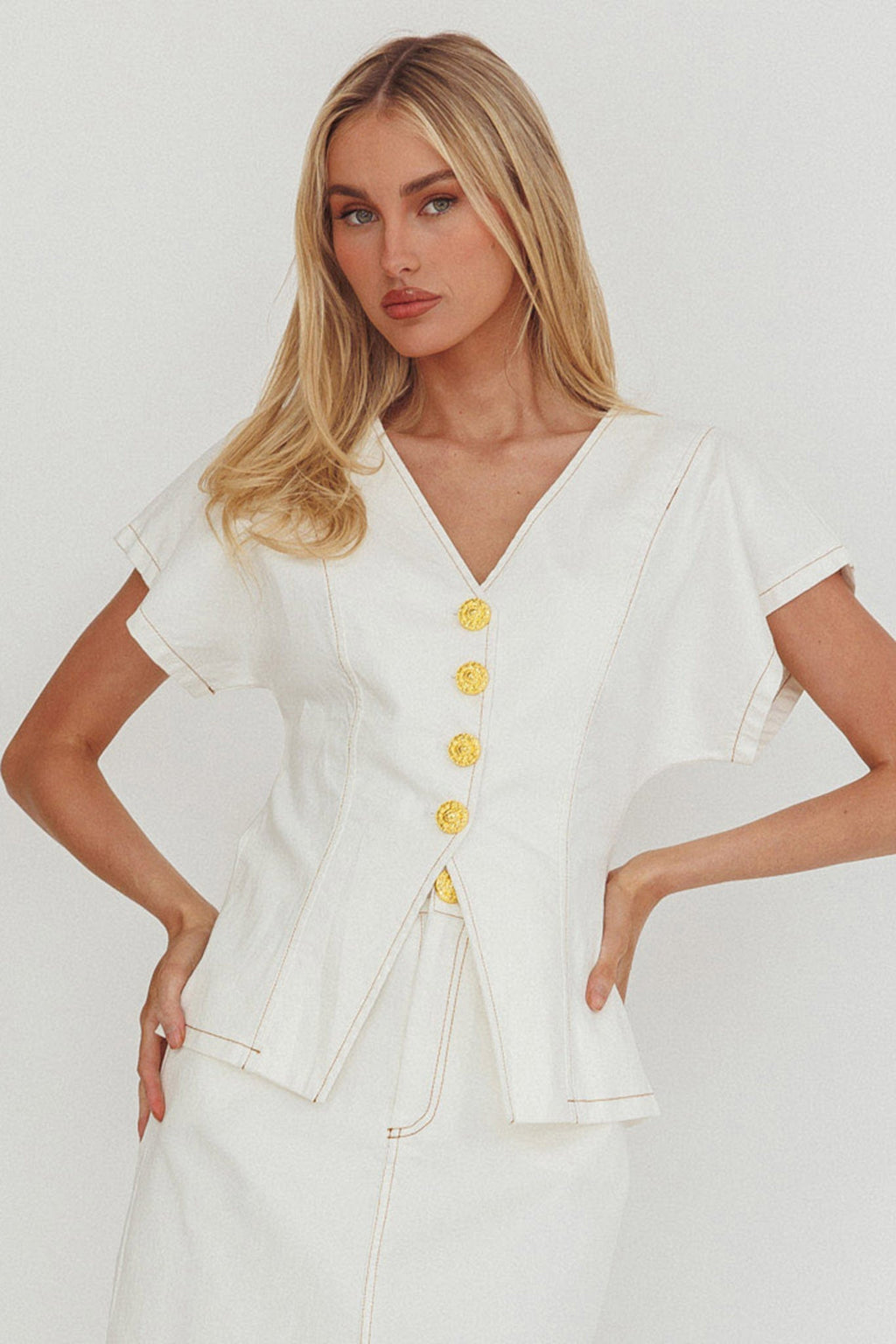 Over It Short Sleeve Button Top Cream