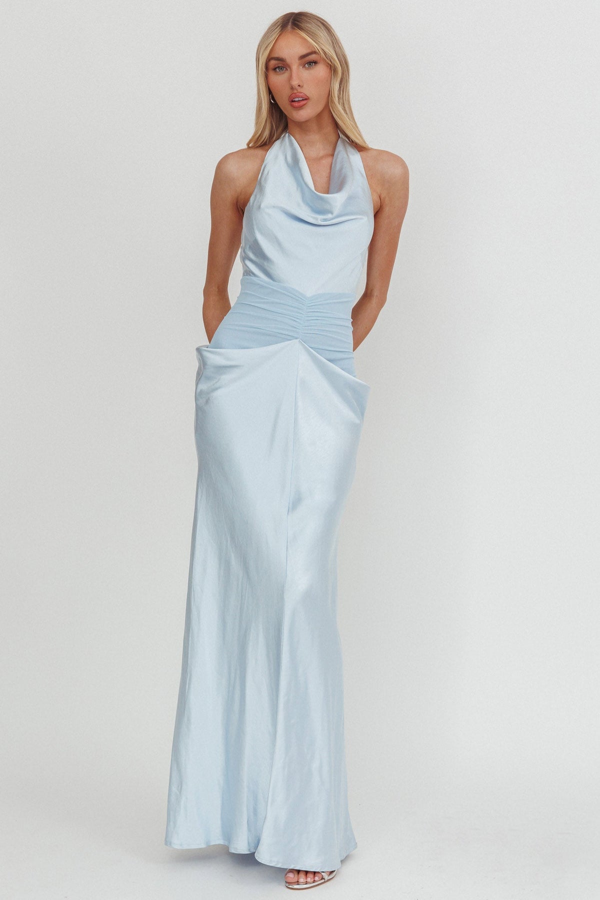 Zynthia Cowl Neck Ruched Waist Maxi Dress Ice Blue Main image