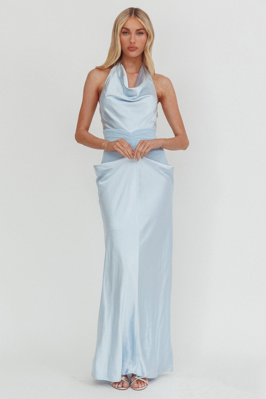 Zynthia Cowl Neck Ruched Waist Maxi Dress Ice Blue