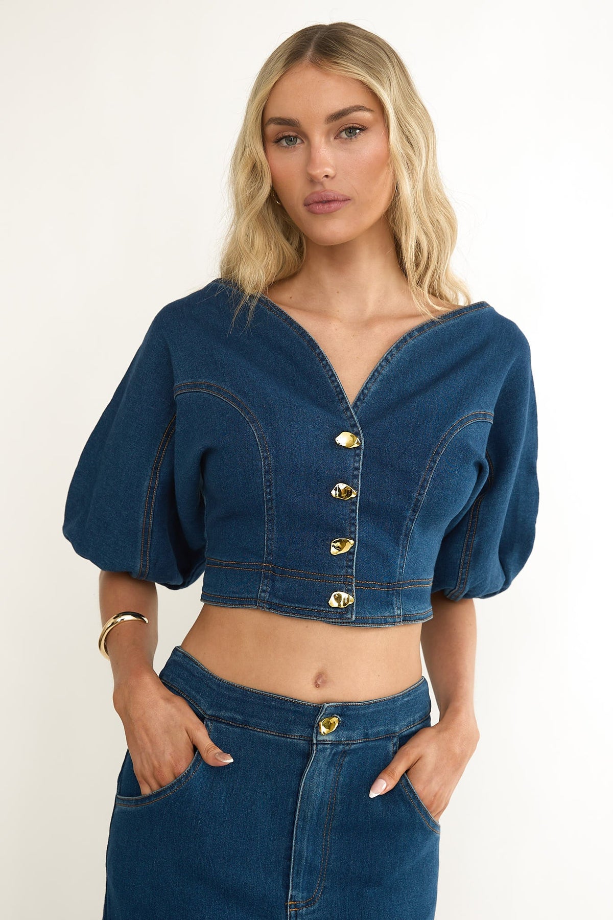 Kaelis Bubble Sleeve Button Top Denim
