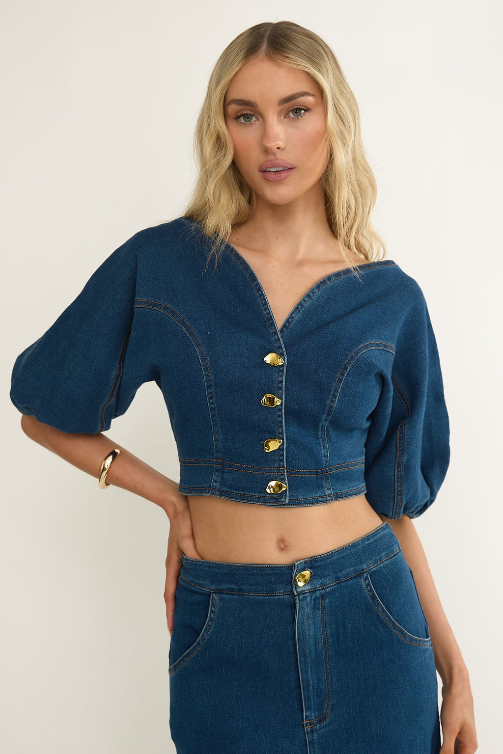 Kaelis Bubble Sleeve Button Top Denim