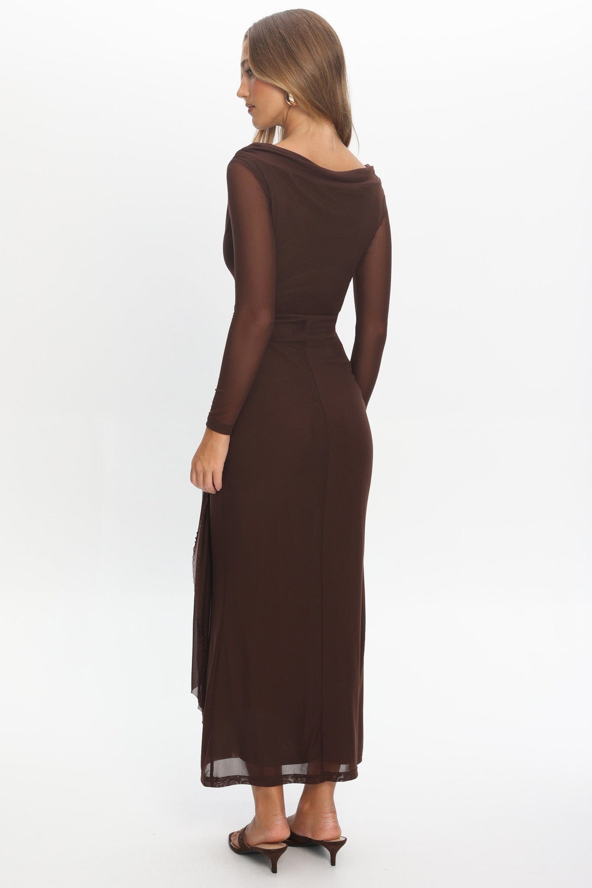 Lyssia Cowl Neck Waist Sash Maxi Dress Chocolate
