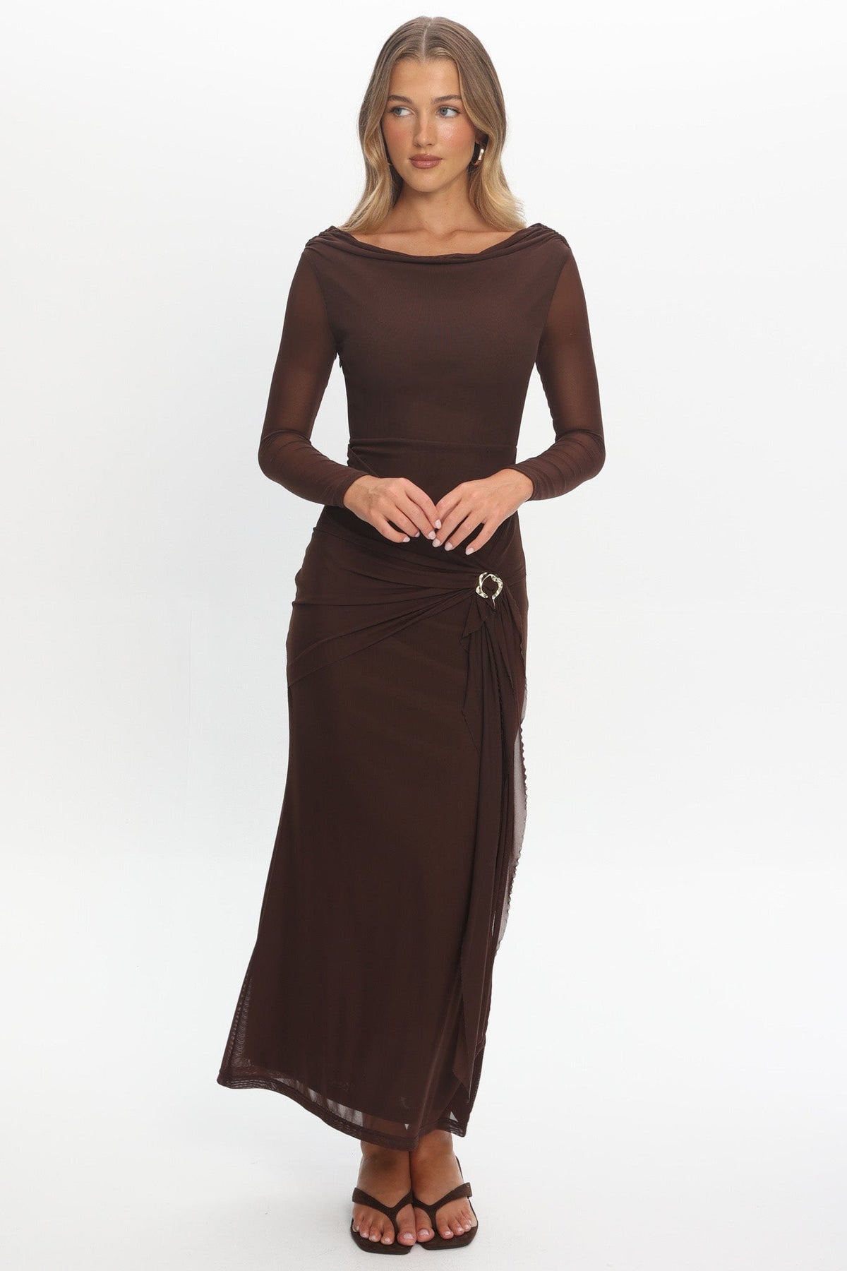 Lyssia Cowl Neck Waist Sash Maxi Dress Chocolate