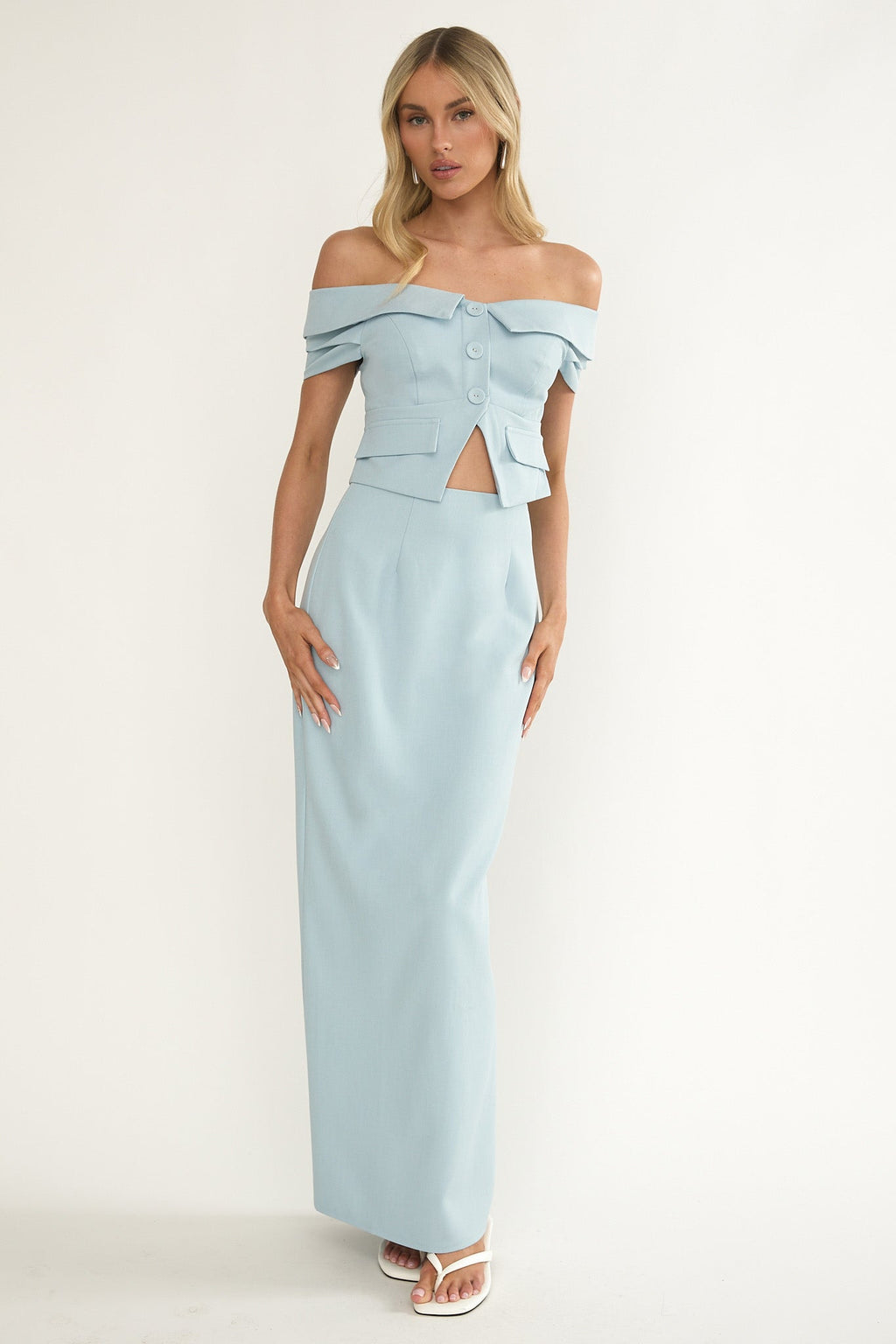 Maelie Foldover Off-Shoulder Top Blue