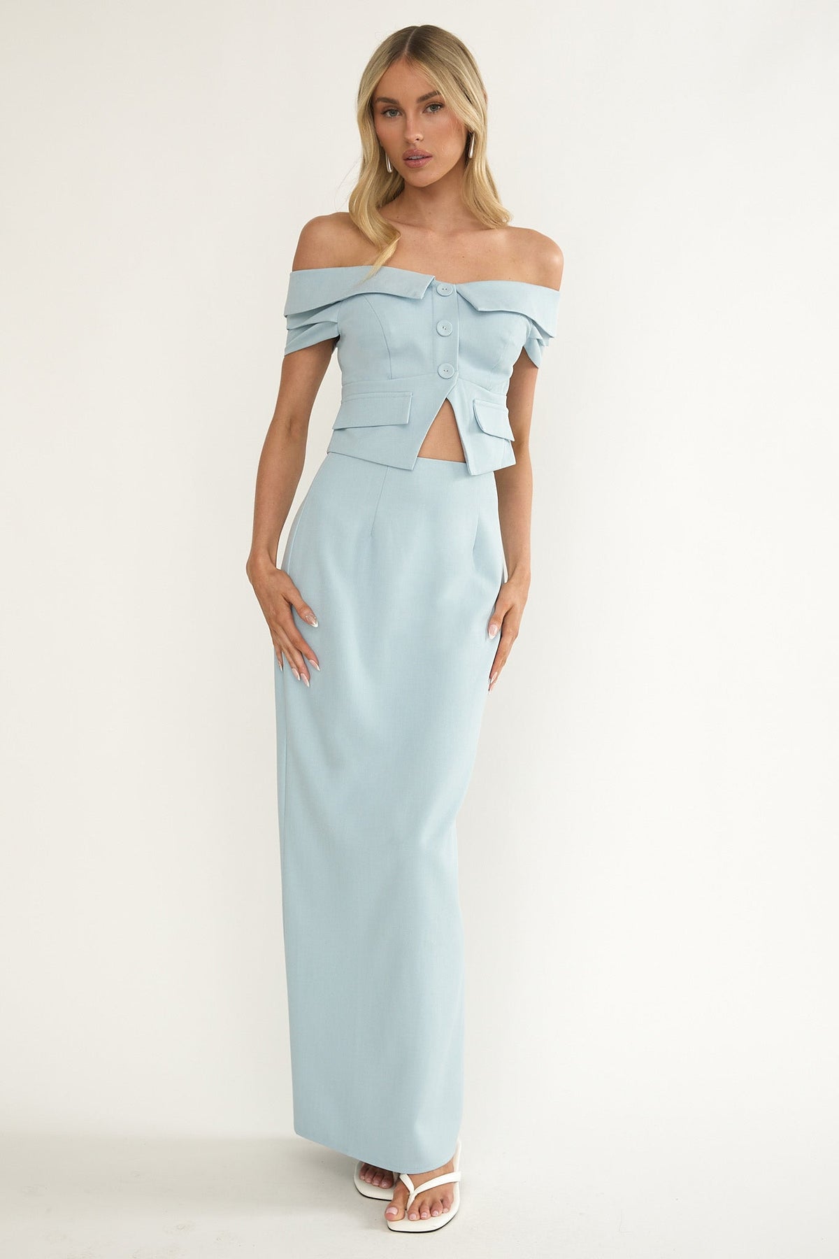 Maelie Foldover Off-Shoulder Top Blue